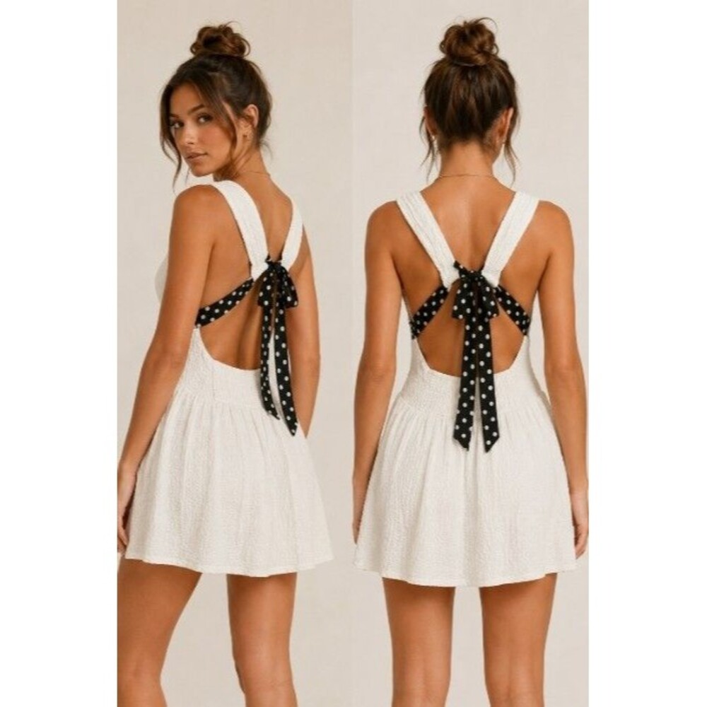 Free People Aniston Mini Dress Ivory Open Back Polka Dot Bow Textured Size M - Picture 1 of 7